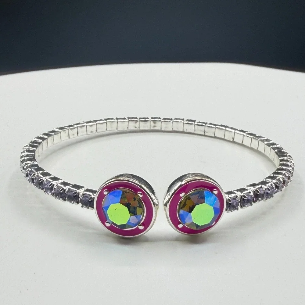 Silver Tone AB Crystal Open Cuff Bracelet Pink Enamel Statement Boho Gift Y2K